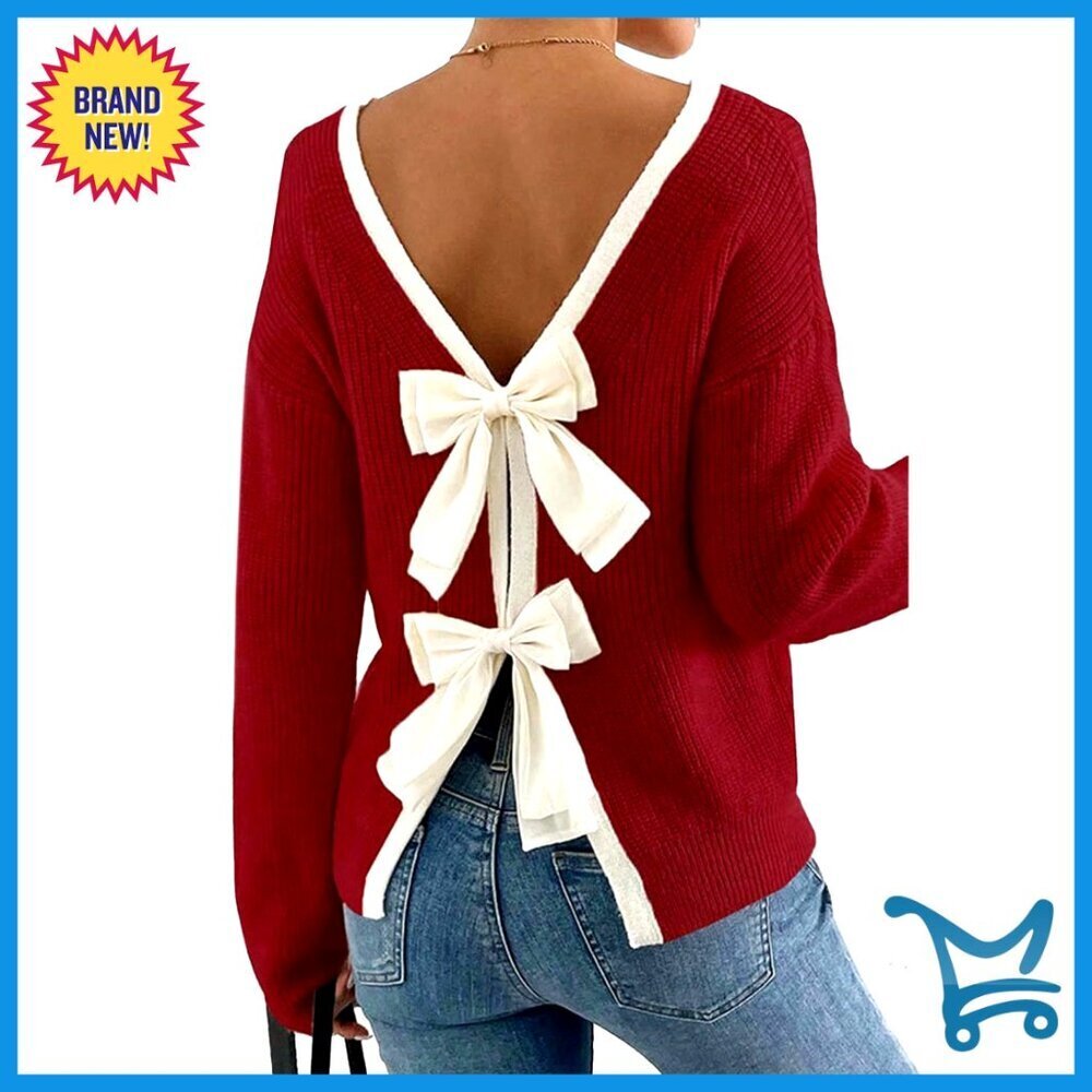 Ribbed Knit Sweater Open Back Self-Tie Bow Elegant Chic Casual Party Wear